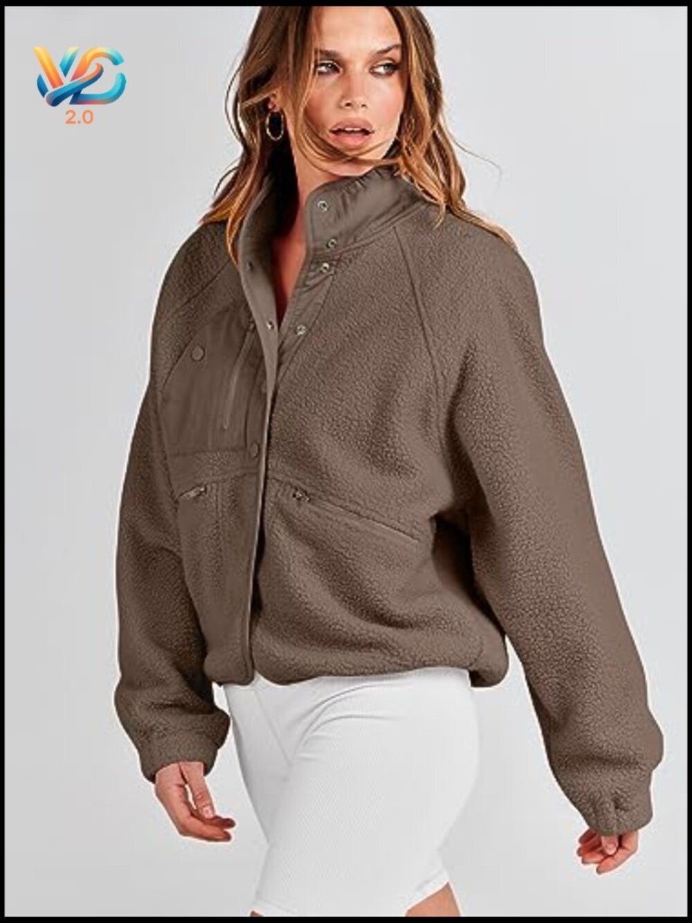 Fuzzy Fleece Cropped Shacket with Pockets, Long Sleeve Button Down Jacket - Picture 5 of 7